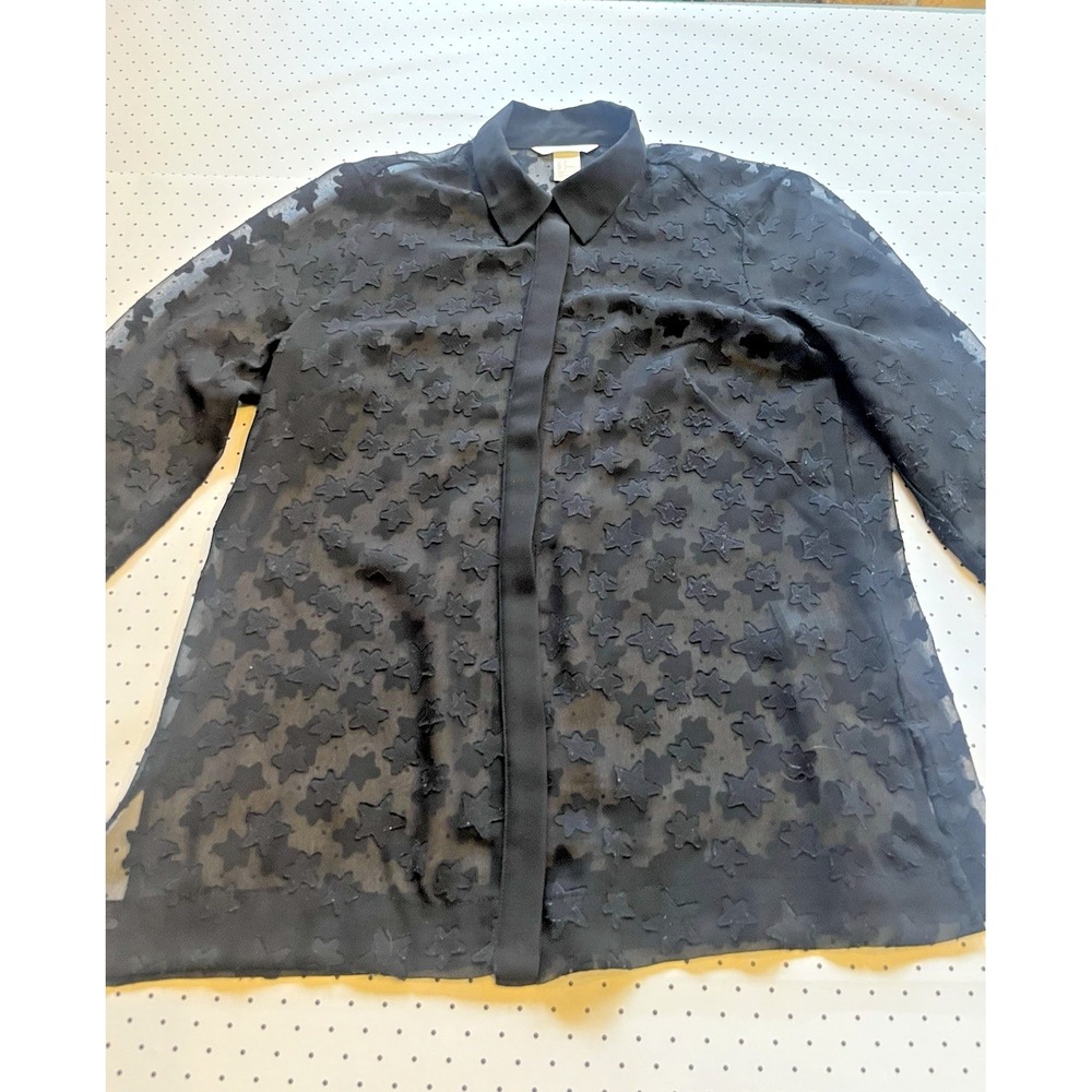 H&M Black Sheer Star Blouse Women's 8 Celestial Mesh Button Front Top
